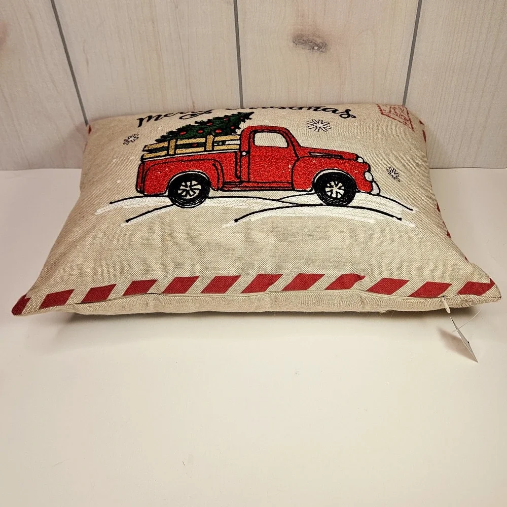 Merry‎ Christmas Decor Throw Pillow Red Truck Tree 18x12 Textured Zipper Closure